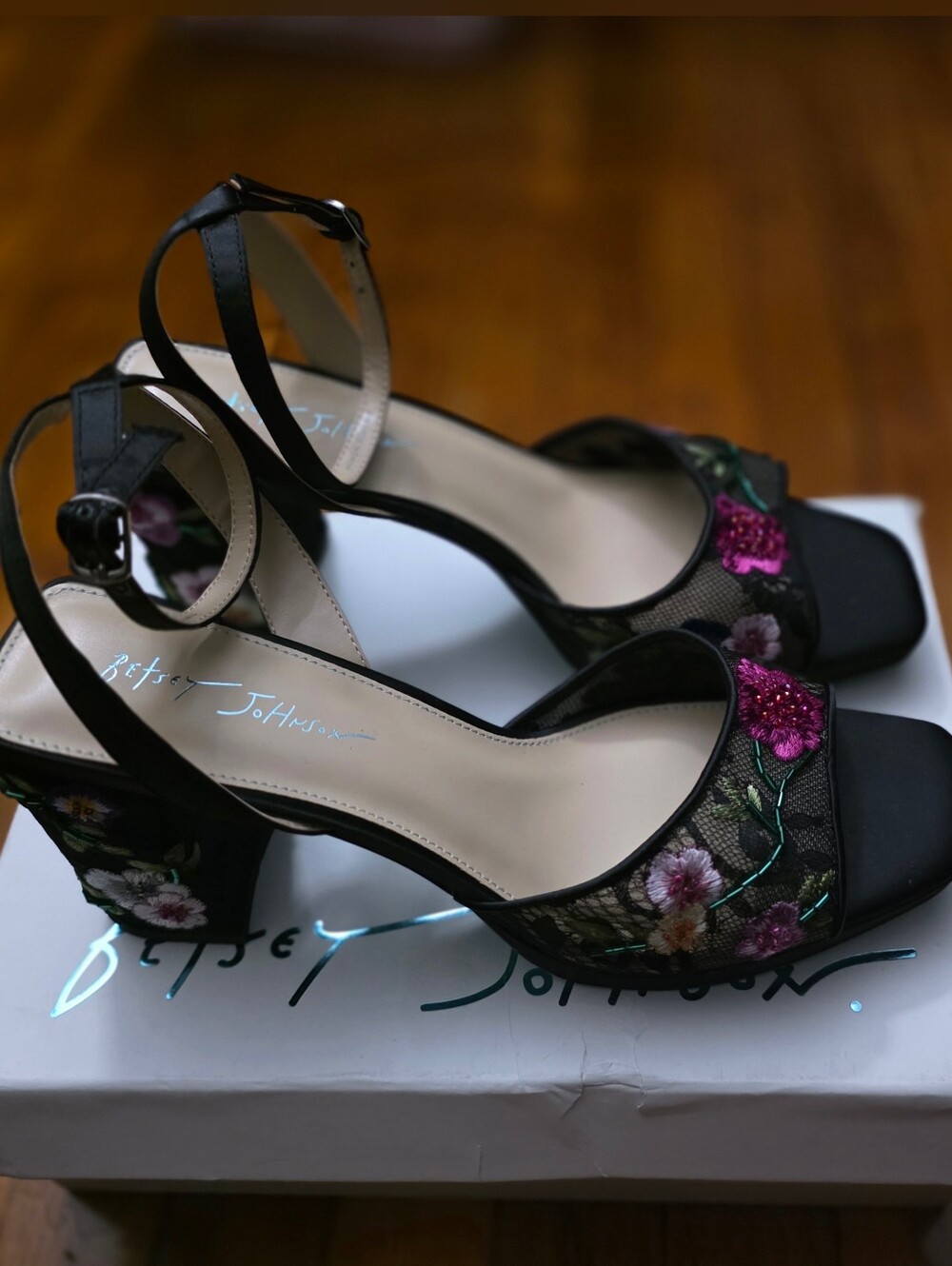 Betsey Johnson Black Floral Embroidered Mesh Block Heel Sandals - Picture 4 of 6